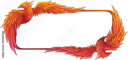 A mythical phoenix bird with vibrant orange and red feathers forms a rectangular frame on a white background.