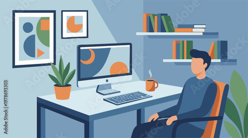 Modern home office illustration with person, computer, and minimalist decor