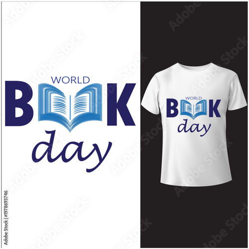 World Book Day typographic t-shirt design featuring an open book icon integrated into the lettering.