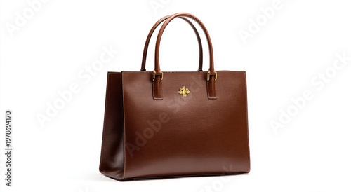Textured brown leather tote bag with gold hardware, top handles, and subtle emblem