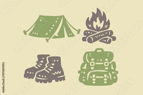 Camping gear naive doodle vector illustration
