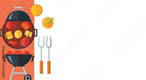 This vibrant flat vector shows a barbecue grill loaded with vegetables next to long forks and citrus fruits, ideal for summer menus.