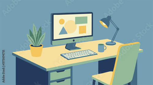 Minimalist home office setup with computer, desk, plant, and lamp