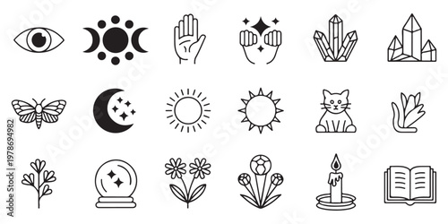 Collection of mystical and esoteric line art icons including moon, crystals, and eye