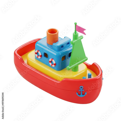 Colorful toy boat with a blue house and green chimney on deck