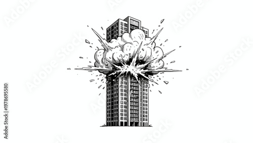 Building explosion illustration black and white ink drawing