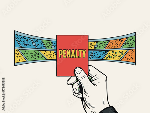 Red penalty card held by hand with stadium background illustration