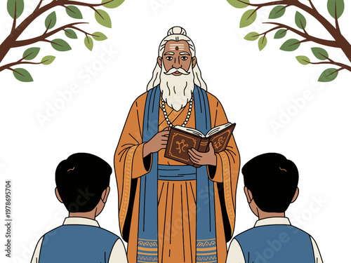 Indian Guru teaching students with a holy book illustration