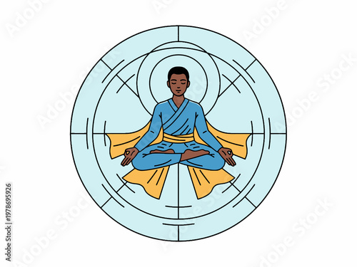 Meditating man in lotus pose inside geometric circular frame