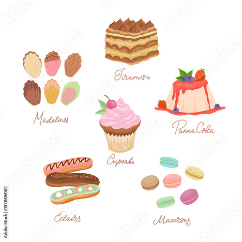 Set of  hand-drawn desserts in flat vector style tiramisu, panna cotta, cupcake, eclairs, macarons and madeleines. Vector isolated illustration, perfect for menus, packaging and prints.