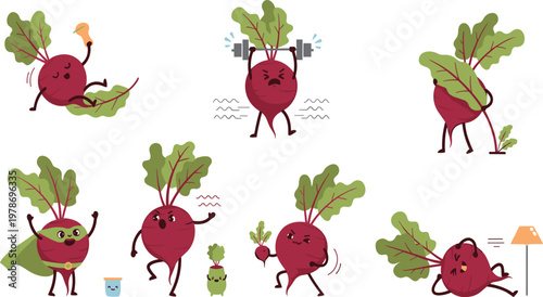 Cute Beetroot Character Set with Fitness, Workout, and Funny Poses Cartoon Vegetable Mascot Vector Illustration for Healthy Lifestyle and Kids Design.