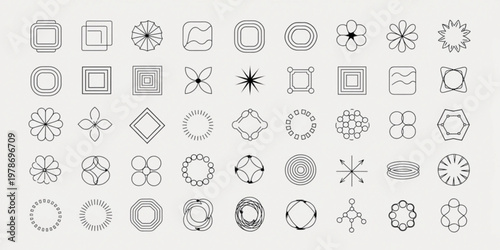 Geometric shapes and symbols are arranged in rows on a plain surface.