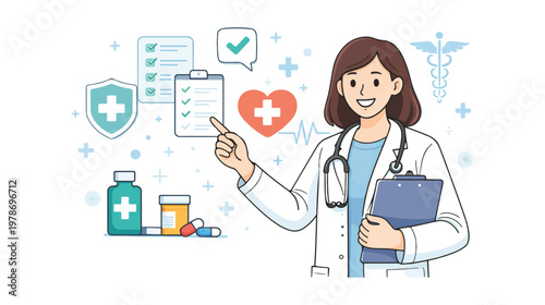 Flat Medical Illustration of Female Doctor with Patient Icon, Heart, Lungs and Healthcare Elements