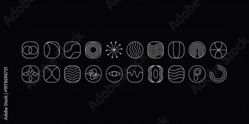 Geometric shapes arranged in rows on a black background with white space