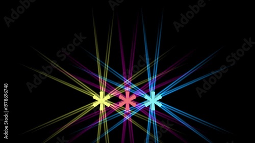 Three vibrant asterisk symbols emitting bright colorful laser beams across a dark black background visual effect