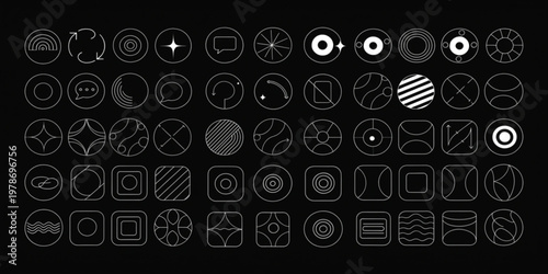 Various geometric shapes icons are displayed on a black background