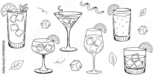 A vibrant illustration of various glasses and drinks with ice cubes and citrus slices on a table.