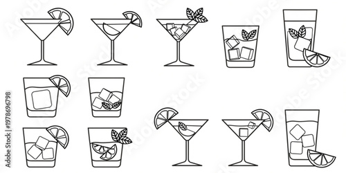 Cocktails and drinks with ice cubes and lemon slices on a table