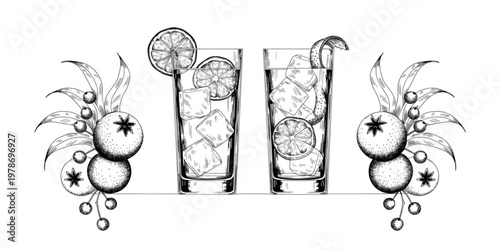 Two refreshing cold cocktails with ice and citrus slices adorned with decorative leaves and berries
