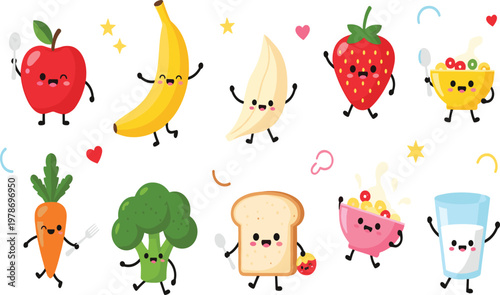 Cute Food Cartoon Characters Set with Fruits, Vegetables, Bread, and Drinks, Funny Kawaii Style Vector Illustration for Kids Design, Healthy Eating, and Educational Projects.