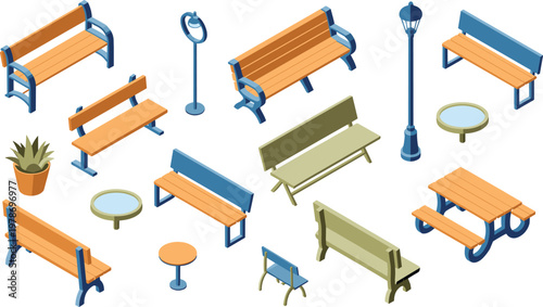 Isometric park elements collection with benches, street lights, tables and plants