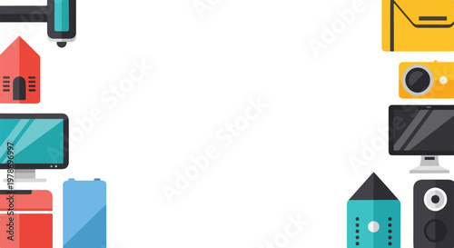 A clean vector illustration showcasing colorful technology and home icons arranged as borders around a central white rectangular copy space.