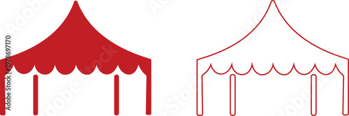 Event tent canopy pavilion icon set collection group in black red flat and line style vector illustration, camping shelter marquee gazebo awning symbol pack minimal outline design bundle