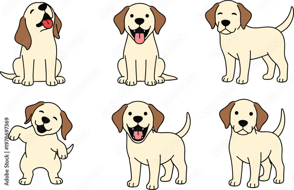 Obraz premium Cute Puppy Dog Character Set with Different Poses and Expressions Cartoon Style Pet Illustration for Animal Lovers, Kids Design, and Veterinary Themes.
