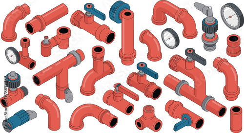 Isometric plumbing pipes valves fittings and gauges industrial pipeline set