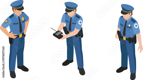 Isometric police officer characters with communication device and medical support roles