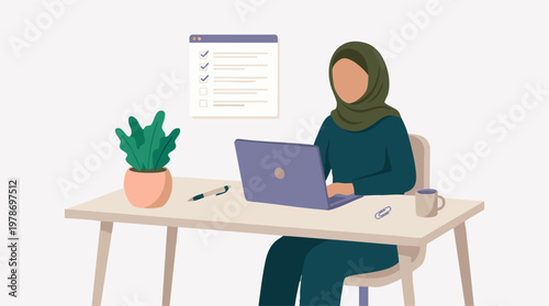 Focused Woman in Hijab Working on Laptop at Desk with Checklist