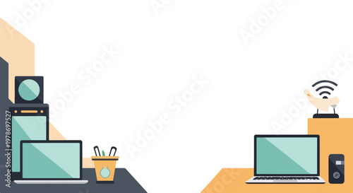 This vector illustration features two office desks equipped with laptops, a desktop PC, speakers, and a wireless router on a clean background.