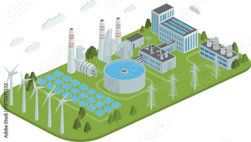 Isometric power plant with renewable energy wind turbines solar panels and industrial buildings vector illustration