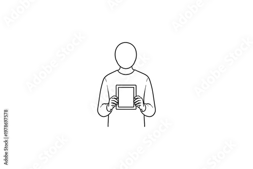Person holding a blank digital tablet or screen in a minimalist line art style