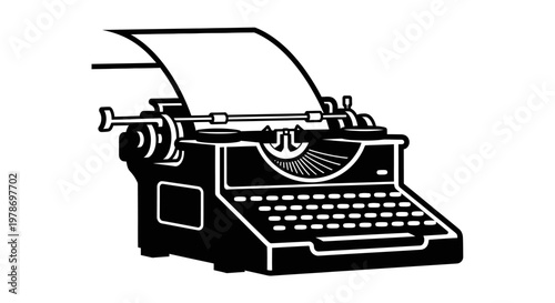 Vintage typewriter illustration in black and white.