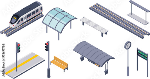 Isometric railway station set with train, platform and transport elements