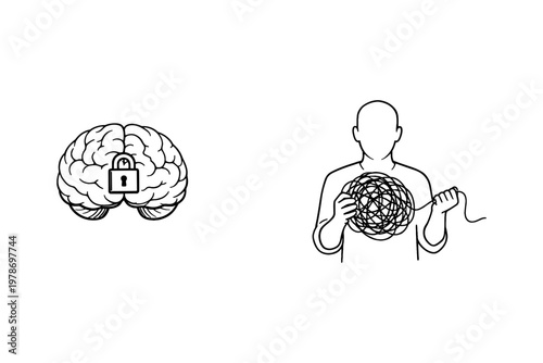 Brain with padlock and person untangling a ball of string representing thoughts