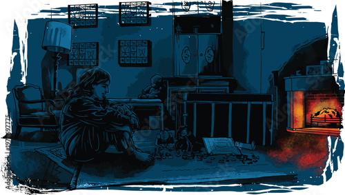 Lonely Child Sitting by the Fireplace in a Cozy Room, Digital Art for Emotional, Winter, and Home Illustration