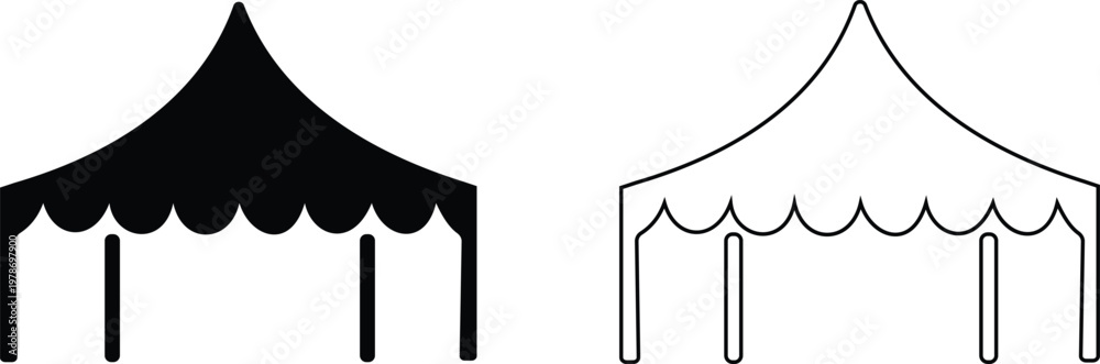 Fototapeta premium Event tent canopy pavilion icon set collection group in black red flat and line style vector illustration, camping shelter marquee gazebo awning symbol pack minimal outline design bundle