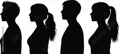 Silhouette set of diverse family members and pets, including parents, children, dogs, and cats for domestic life and togetherness themes.