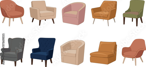 Set of stylish armchairs and lounge chairs in various modern designs, comfortable home seating furniture collection in flat vector illustration