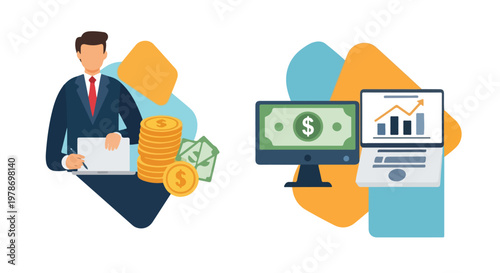 The vector shows a businessman managing money and digital financial growth through technology with charts and coins in a professional setting.