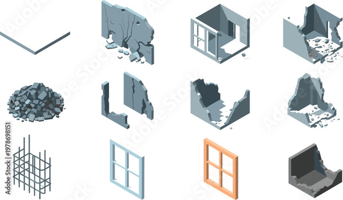 Isometric ruined building parts and construction debris elements set