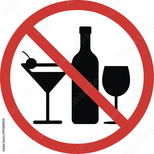 Verbotsschild Alkohol verboten, Alkoholverbot Zeichen rundes rotes Verbotssymbol für Sicherheits- und Warnhinweise isoliert auf weißem Hintergrund.
