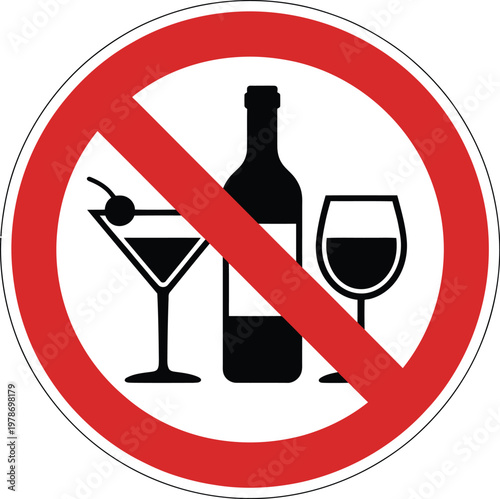 Verbotsschild Alkohol verboten, Alkoholverbot Zeichen rundes rotes Verbotssymbol für Sicherheits- und Warnhinweise isoliert auf weißem Hintergrund.