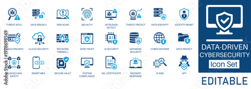 Data driven cybersecurity and Data Protection solid icon set. Featuring cloud security, network firewall, data encryption, and fraud prevention. Vector icons for IT security and computer safety.