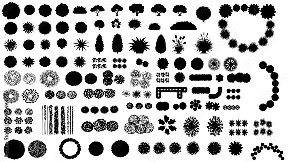 Fototapeta premium Vector garden design set with tree and shrub silhouettes, architectural planting plan elements, botanical symbols for detailed landscape layouts and projects.