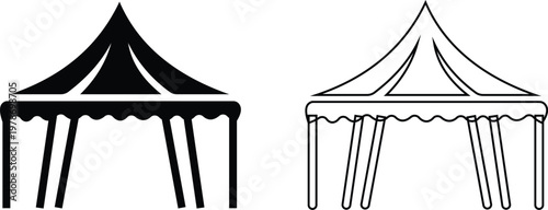 Event tent canopy pavilion icon set collection group in black red flat and line style vector illustration, camping shelter marquee gazebo awning symbol pack minimal outline design bundle