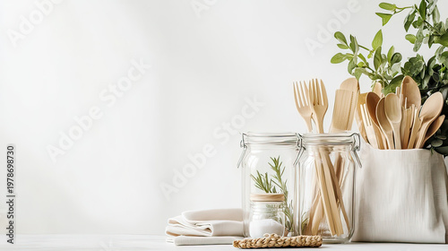 Zero waste lifestyle flat lay with reusable glass jars bamboo products on white background