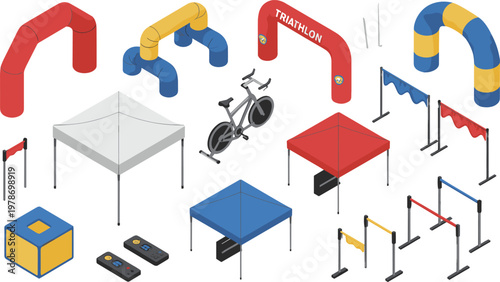 Isometric sports event equipment set with inflatable arches, tents and race barriers